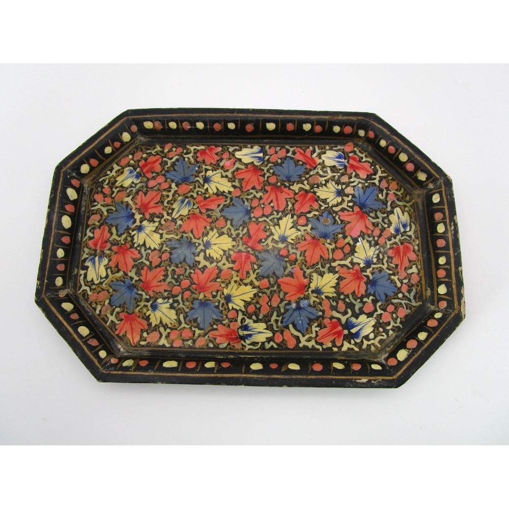 Vintage Black Floral Leaves Colorful 10" Serving or Vanity Tray Kashmir India